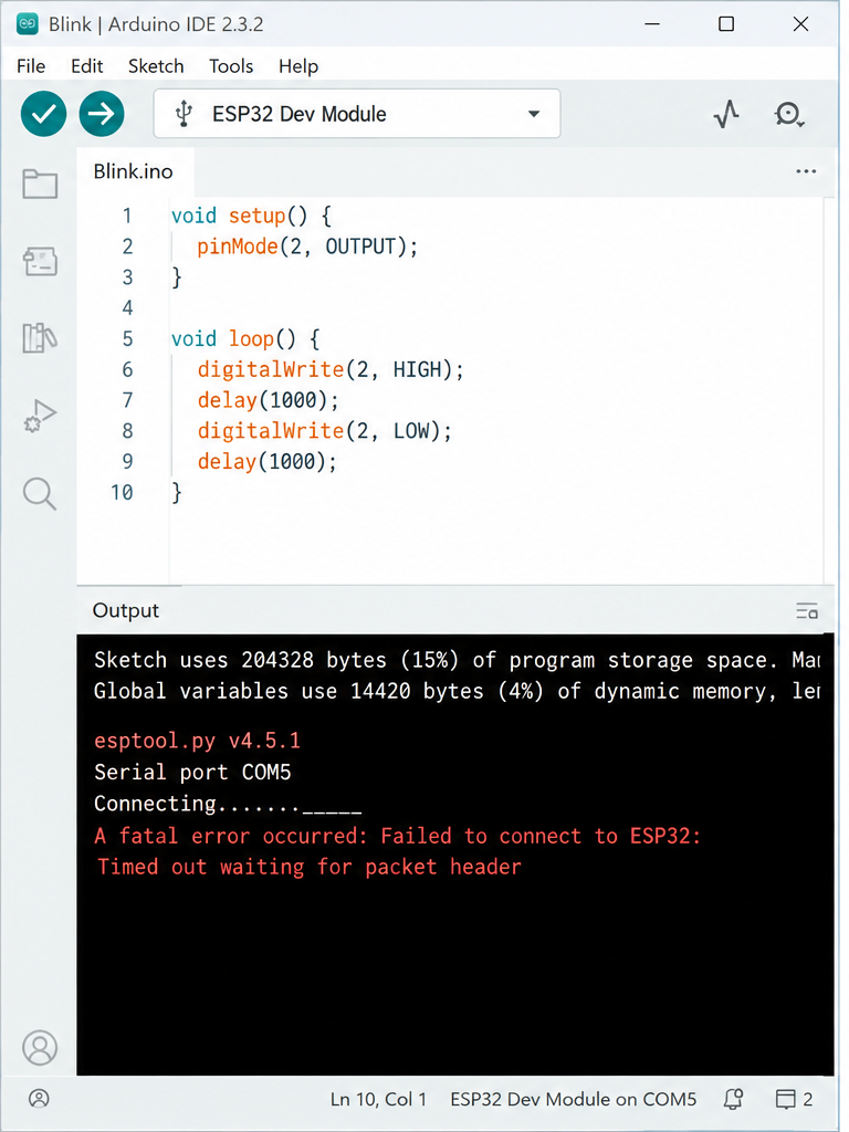 Arduino IDE output panel showing the error A fatal error occurred: Failed to connect to ESP32: Timed out waiting for packet header