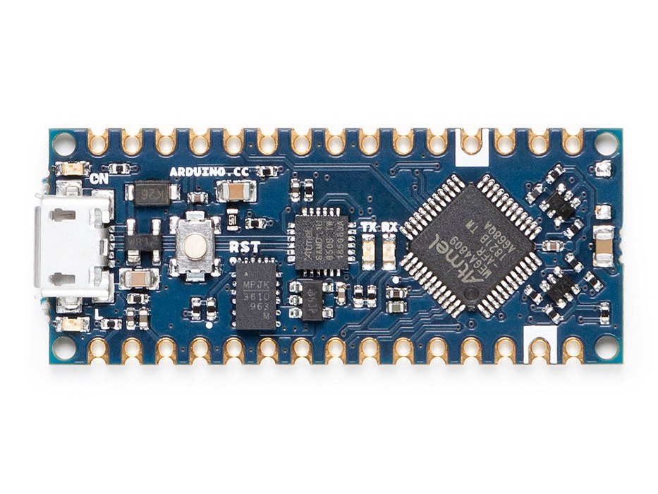 Photo of an Arduino Nano Every board, a small breadboard-friendly board with pins along both long edges