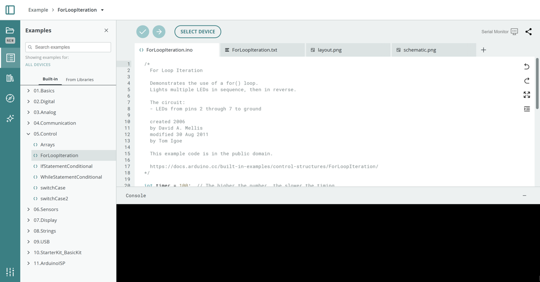 Screenshot of the Arduino Cloud Editor in a web browser showing the example list and a sketch