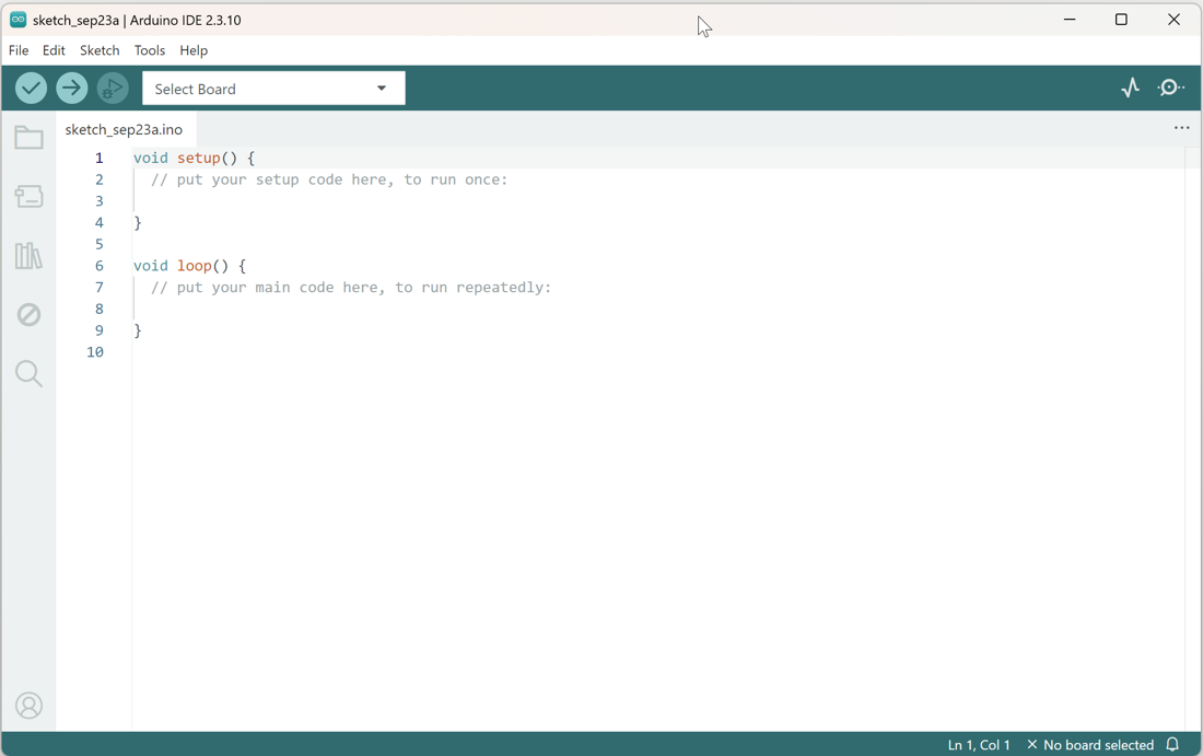 Screenshot of the Arduino IDE 2 showing an empty sketch with the toolbar across the top and the file panel on the left