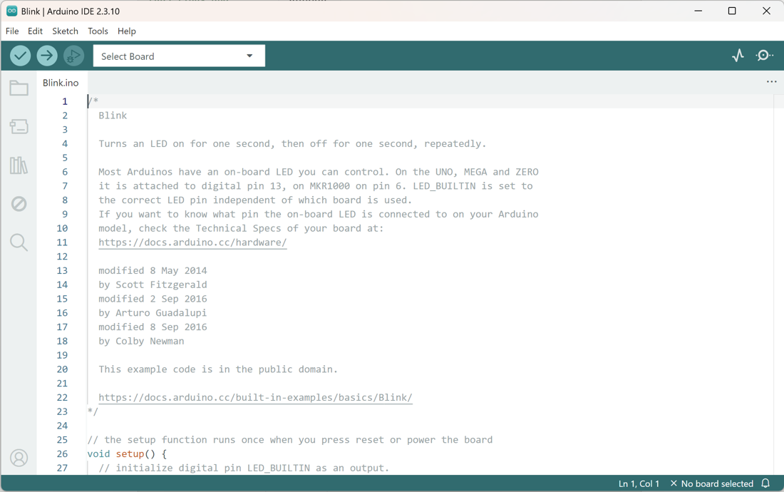 Screenshot of the Arduino IDE 2 showing the Blink example sketch, with the setup and loop functions
