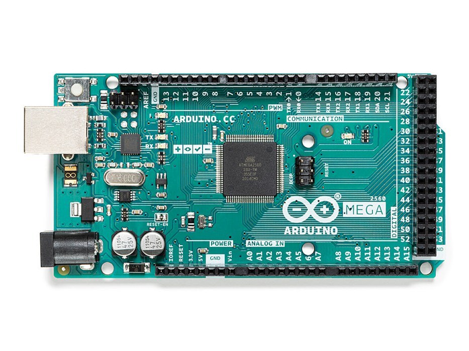 Photo of an Arduino Mega 2560 board showing its long double rows of digital pins along the top and bottom edges