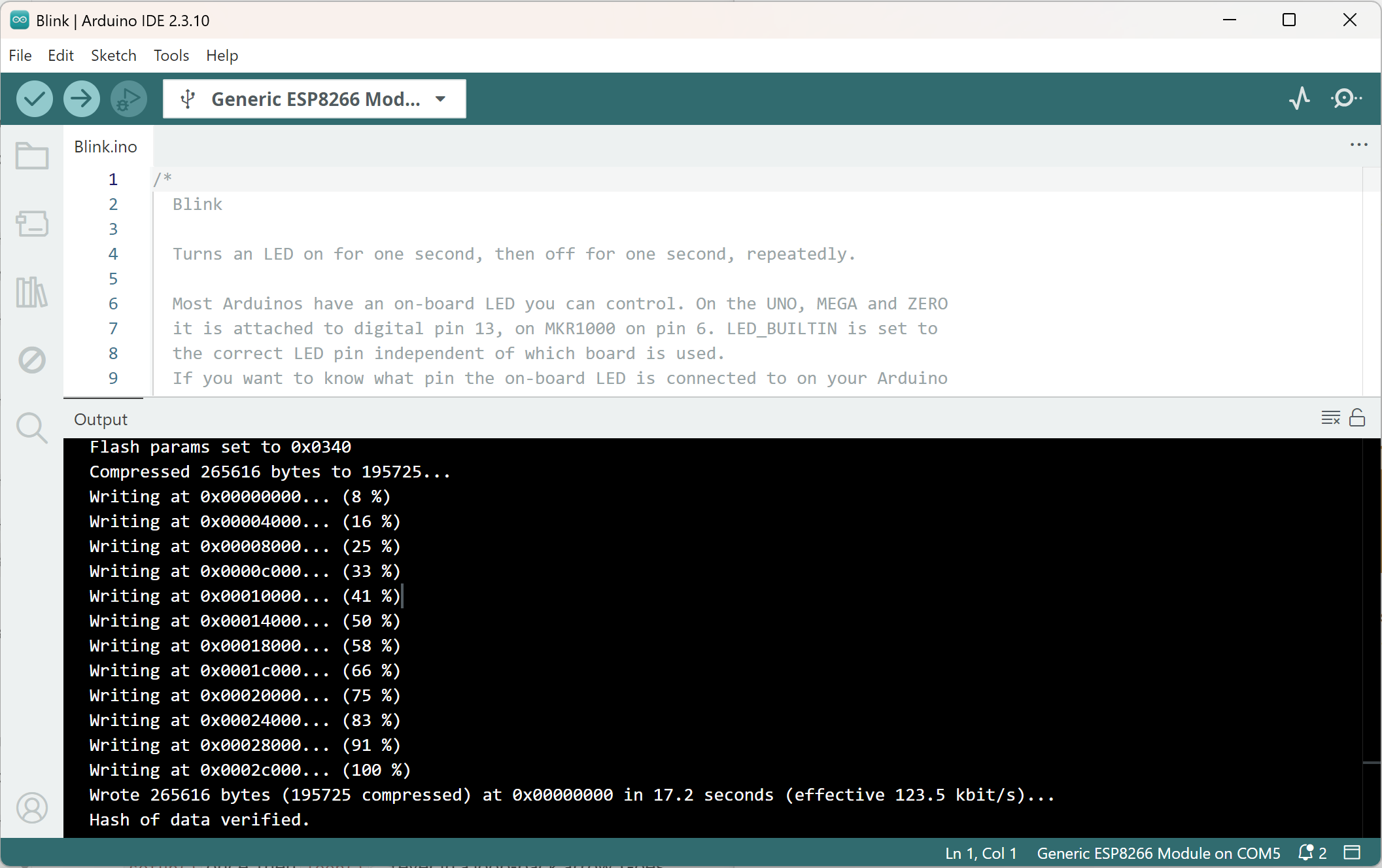 Arduino IDE output panel after building and uploading a sketch