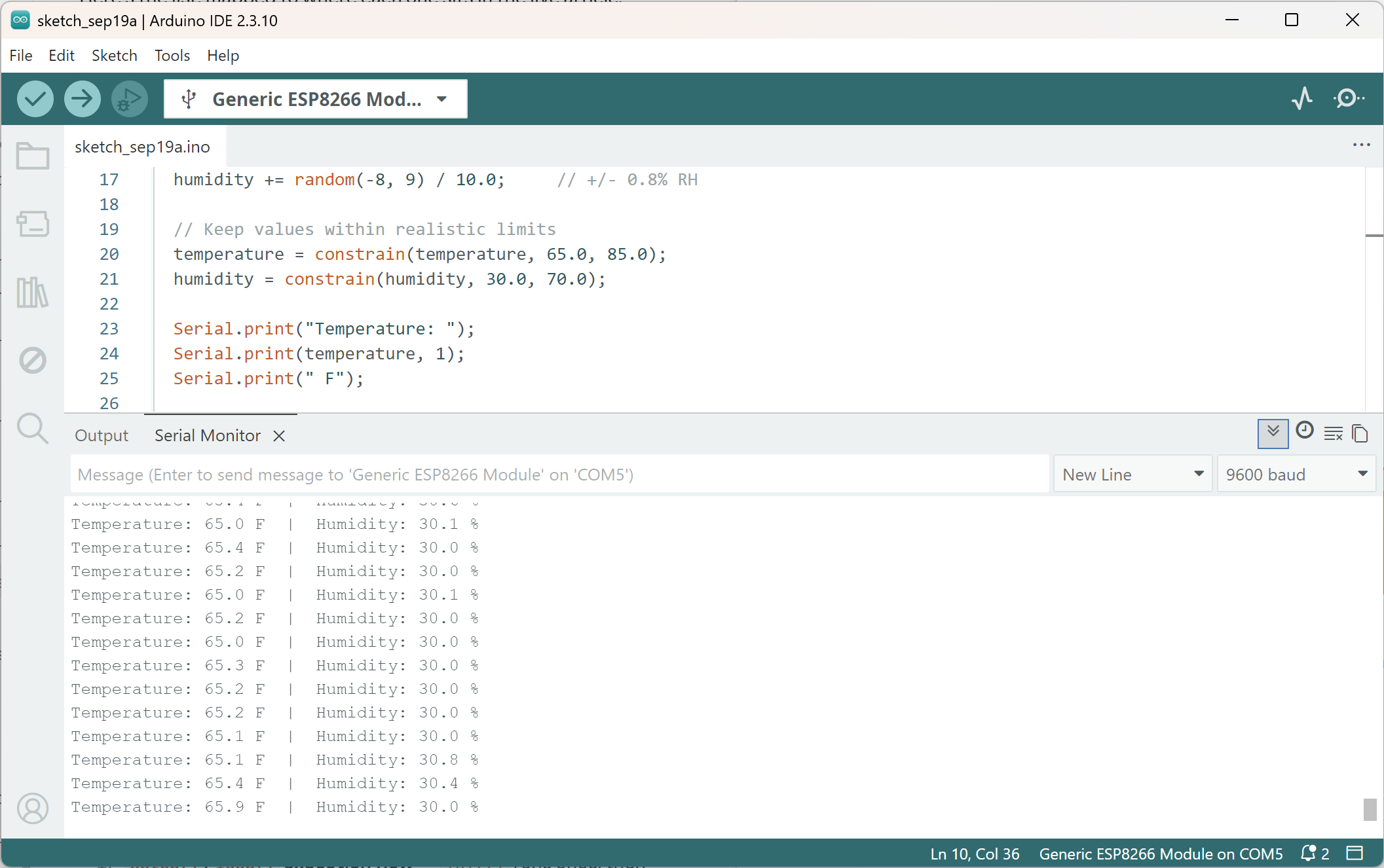 Arduino IDE Serial Monitor showing live sketch output