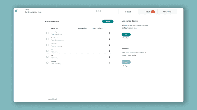 A Thing's own page in Arduino Cloud, showing the full list of Cloud variables it holds.