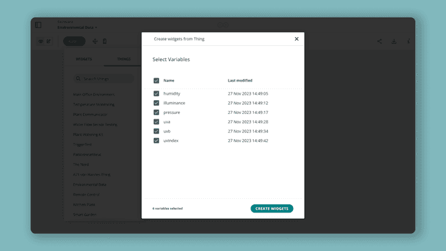 Creating widgets from a Thing's variables: a checklist of variables with Create Widgets to finish.