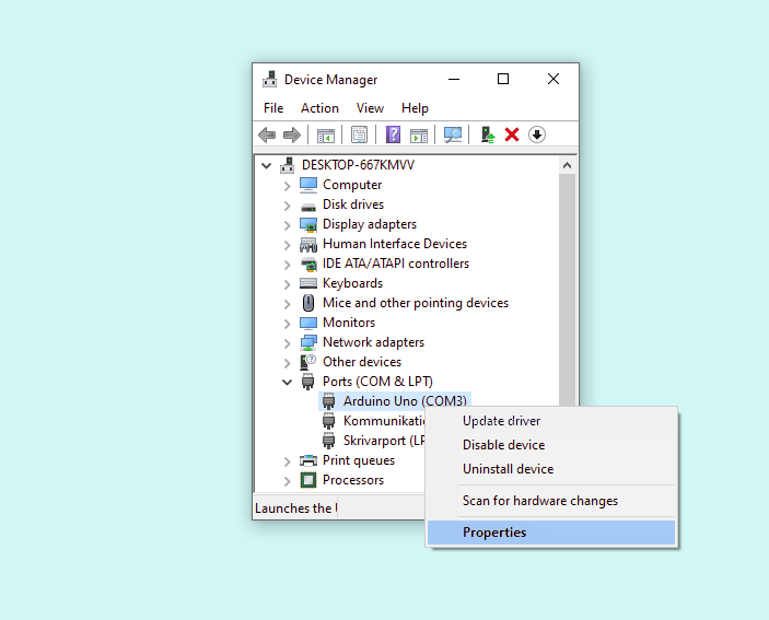 Windows Device Manager with Ports (COM & LPT) expanded, showing a working Arduino Uno on COM3. This is the same real device you're looking for, whatever name and COM number your own board shows up as.