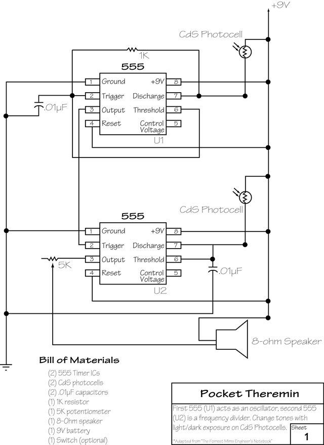 Circuit schematic for the nine-component pocket theremin using two 555 timer ICs and two CdS photocells