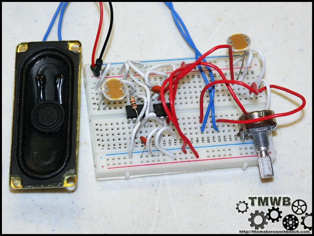 Nine-component theremin assembled on a breadboard