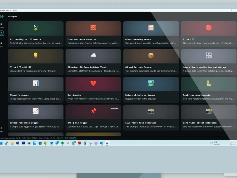 Arduino App Lab window showing the example application browser