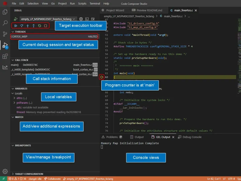 Official Code Composer Studio 20 documentation screenshot of a debugging workflow