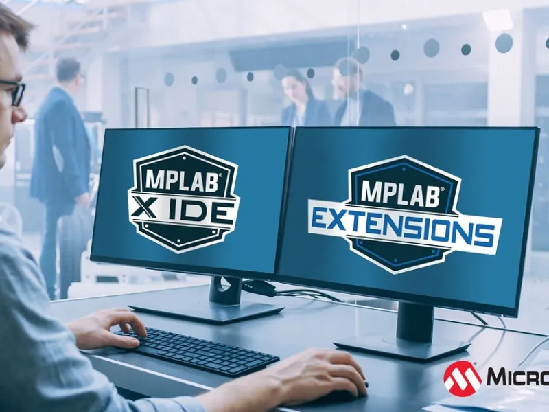 Microchip press image showing MPLAB X IDE and MPLAB Extensions on two monitors