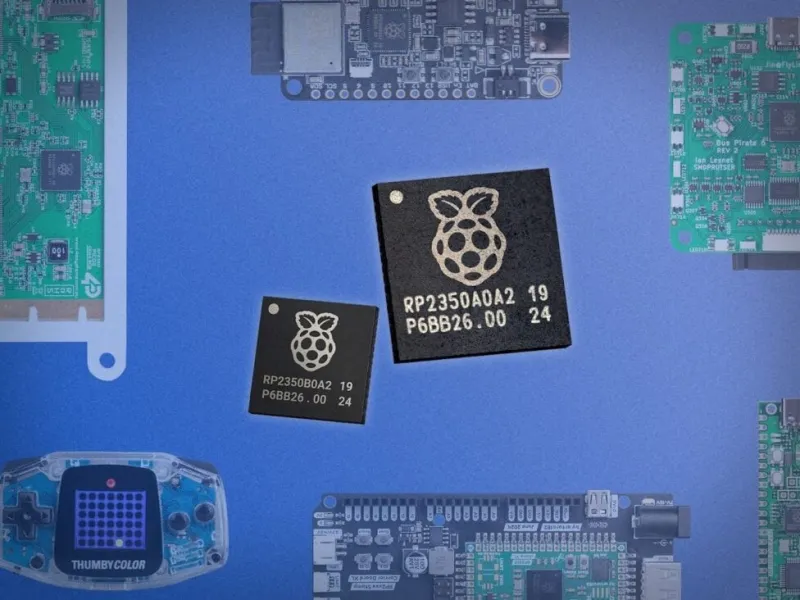 RP2350A and RP2350B chips surrounded by third-party RP2350 boards