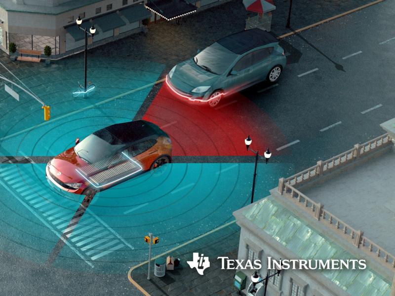 Official Texas Instruments CES graphic featuring the AWR2544 radar sensor