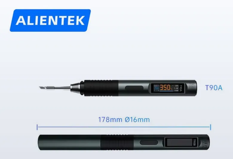 ALIENTEK T90A soldering iron with its 178 mm by 16 mm dimensions marked