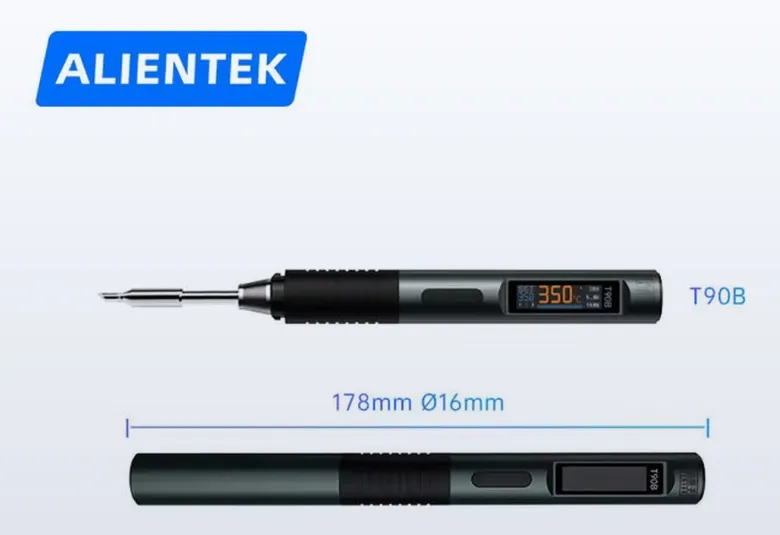 ALIENTEK T90B soldering iron with its 178 mm by 16 mm dimensions marked