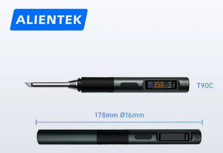 ALIENTEK T90C soldering iron with its 178 mm by 16 mm dimensions marked