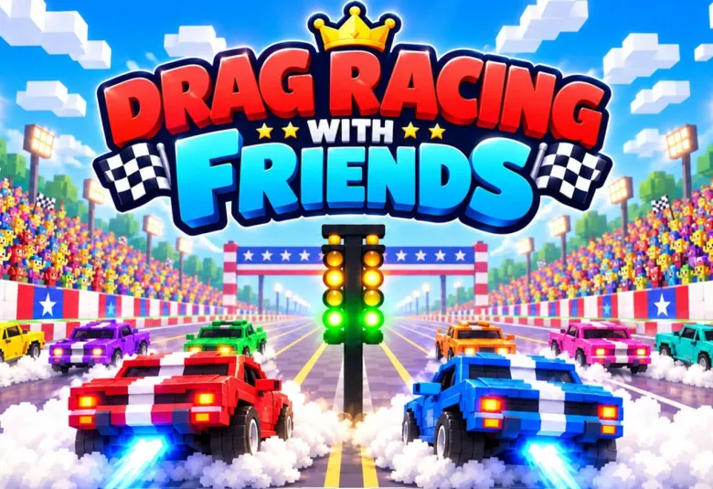 Drag Racing With Friends voxel cars at the starting line