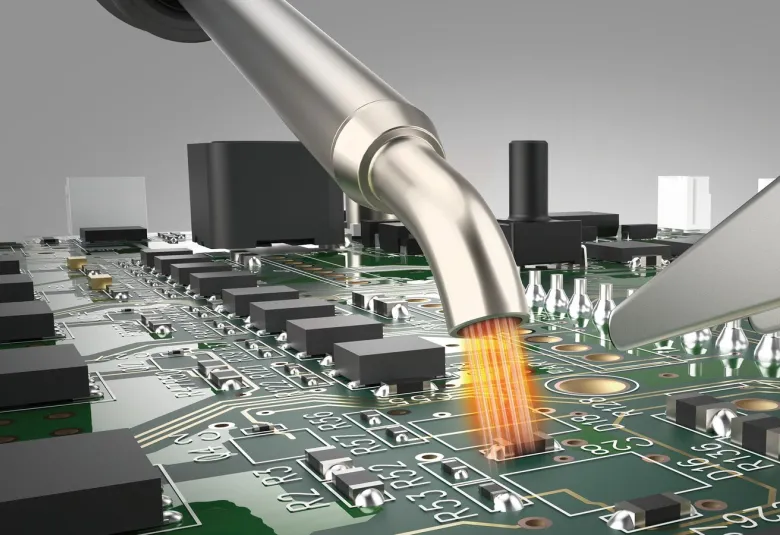 Hot air from a Hakko FR-850 nozzle heating a surface-mount part on a crowded circuit board