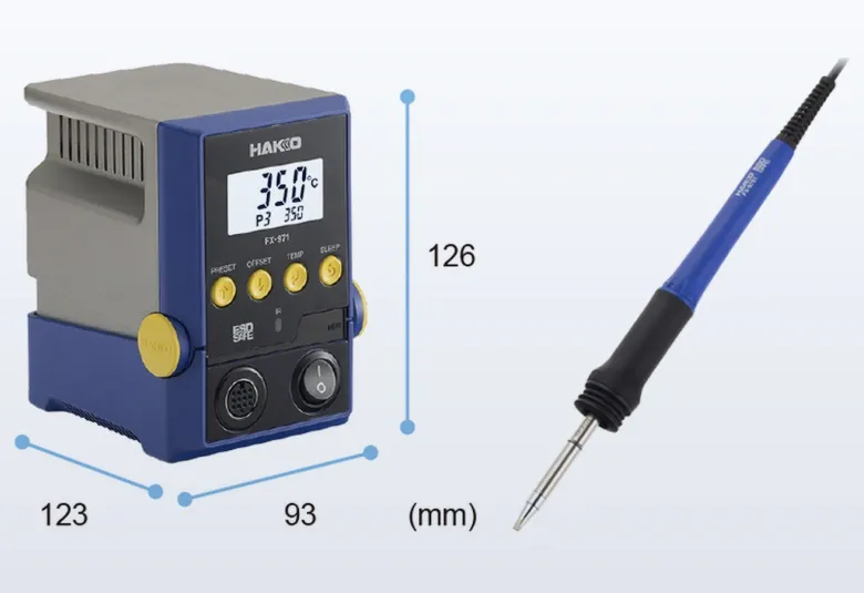 Hakko FX-971 soldering station beside its FX-9701 handpiece, with the station dimensions marked