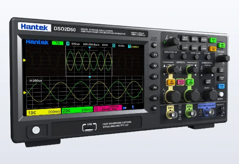 Hantek DSO2D20 series two-channel digital oscilloscope showing waveforms on its screen