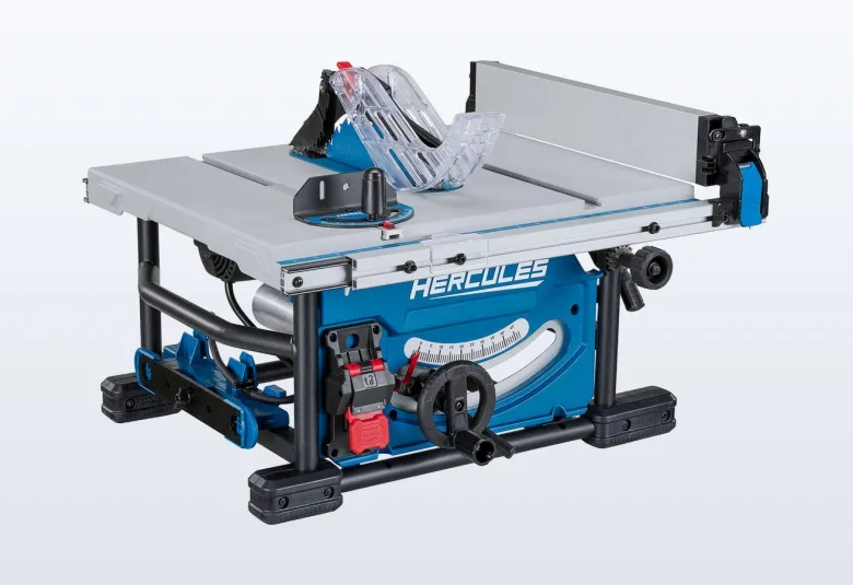 Blue HERCULES compact table saw with its rip fence extended to the side