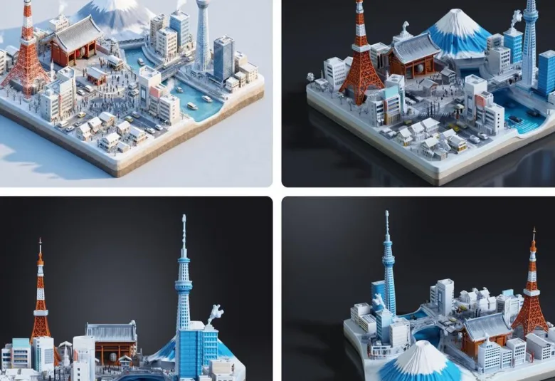 Four views of a miniature city model