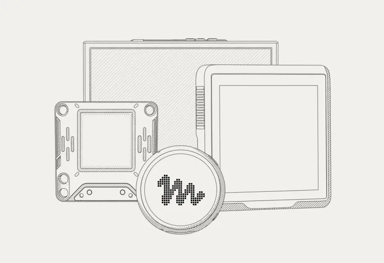 Line drawing of Muse gadget devices with the Muse logo