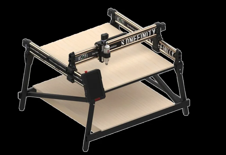 Rendering of a Onefinity Gen 2 Elite CNC router on a black background, showing the bronze-colored gantry with the Onefinity name and a plywood table