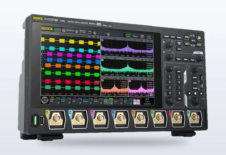 Rigol MHO5000 oscilloscope with its 10.1-inch touch screen showing several waveforms