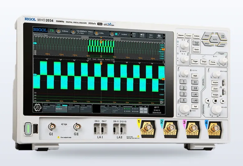 Rigol MHO2000 mixed-signal oscilloscope displaying several waveforms