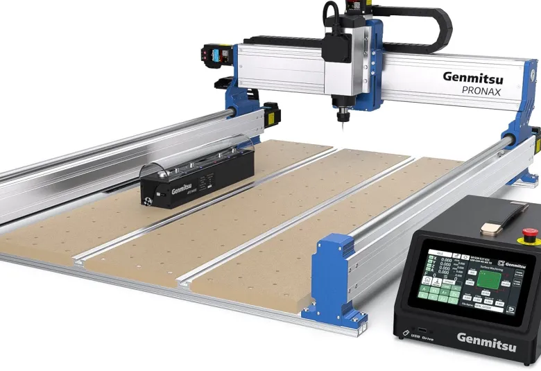 Genmitsu PRONAX CNC router with blue end plates, a silver gantry, a perforated bed, and a black touchscreen controller at the front right
