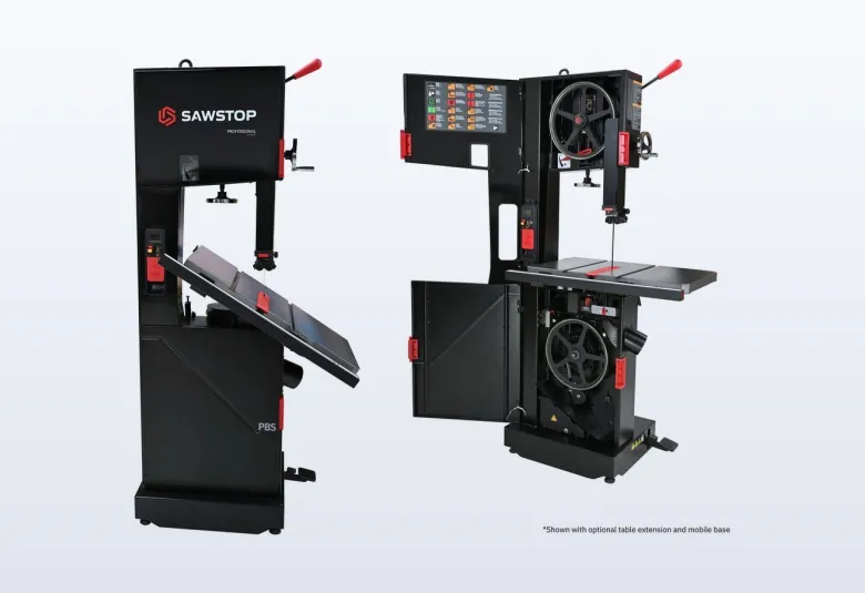 Black SawStop 14-inch Professional Bandsaw with red handwheel and table extension