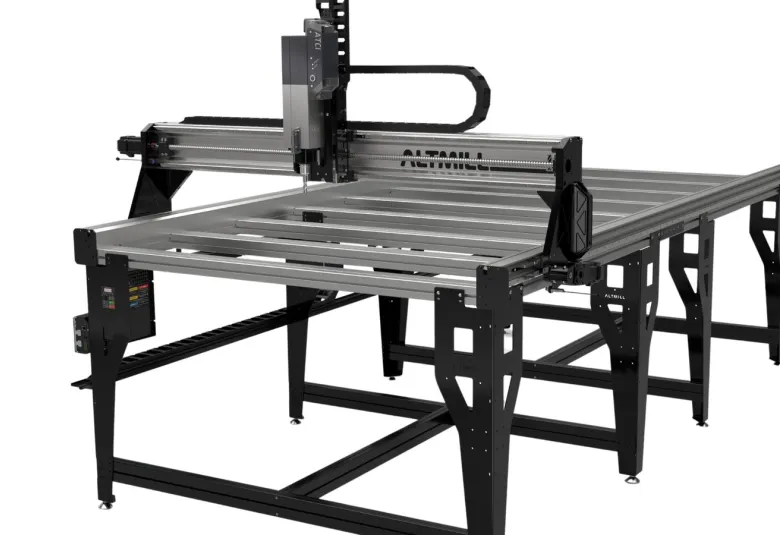 Sienci AltMill 4x8 CNC router rendered on a white background, a black steel frame supporting a long aluminum table with the gantry at one end