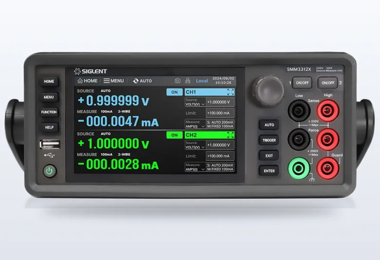 Siglent SMM3000X series source-measure unit with its 5-inch touchscreen