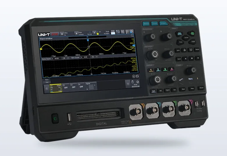 UNI-T MSO1000HD oscilloscope with a 7-inch touch screen showing waveforms
