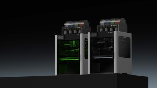 Bambu Lab H2D personal manufacturing machine shown with its laser and fabrication accessories