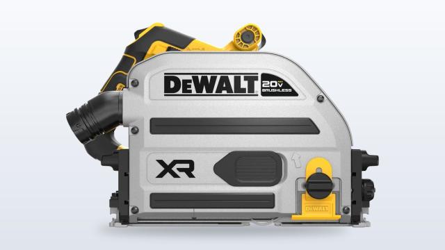 DeWalt 20V MAX XR plunge track saw on a guide rail cutting a sheet of plywood