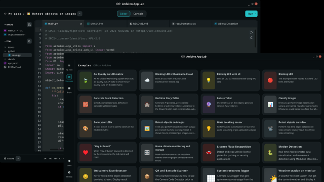Arduino App Lab with the Examples window open over an App