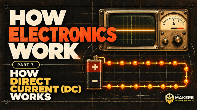 A vintage oscilloscope with a flat trace and a battery driving glowing charges around a loop, beside the title How Electronics Work, Part 7, How Direct Current (DC) Works