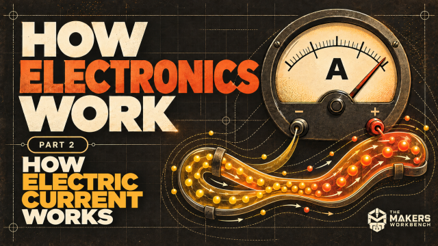 A vintage ammeter dial marked A with a glowing tube of drifting charge carriers curving beneath it, beside the title How Electronics Work, How Electric Current Works