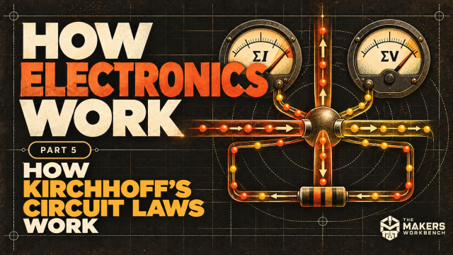 Two vintage dials marked sigma I and sigma V above a glowing junction where currents split and recombine around a resistor loop, beside the title How Electronics Work, How Kirchhoff's Circuit Laws Work