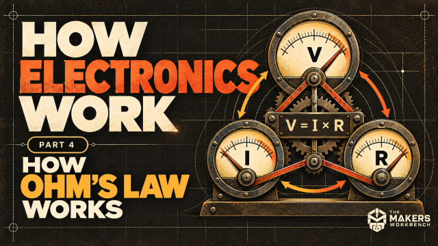 Three vintage dials labeled V, I, and R linked by brass levers and gears around the equation V = I × R, beside the title How Electronics Work, How Ohm's Law Works