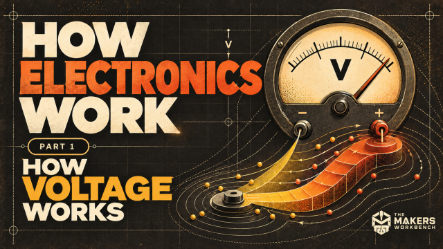 A vintage voltmeter dial marked V, with a glowing ribbon of energy and charge carriers rising from its negative terminal to its positive terminal, beside the title How Electronics Work, How Voltage Works