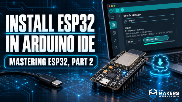 Mastering ESP32 Part 2: a laptop showing Boards Manager beside an ESP32 development board and the title Install ESP32 in Arduino IDE