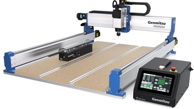 Genmitsu PRONAX CNC router with blue end plates, a silver gantry, a perforated bed, and a black touchscreen controller at the front right