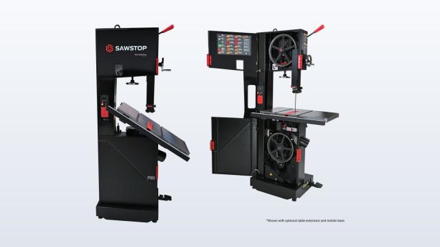 Black SawStop 14-inch Professional Bandsaw with red handwheel and table extension
