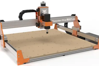 FoxAlien Masuter Pro Max 2×2 CNC router rendered on a white background, with orange end plates, a silver gantry, and a brushless spindle above a perforated MDF bed