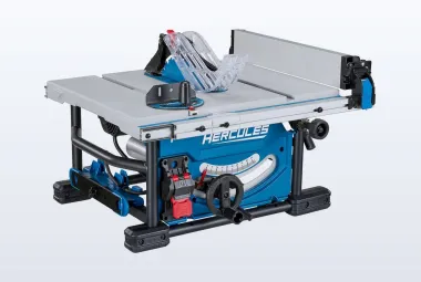 Blue HERCULES compact table saw with its rip fence extended to the side
