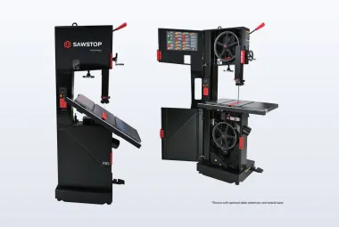 Black SawStop 14-inch Professional Bandsaw with red handwheel and table extension